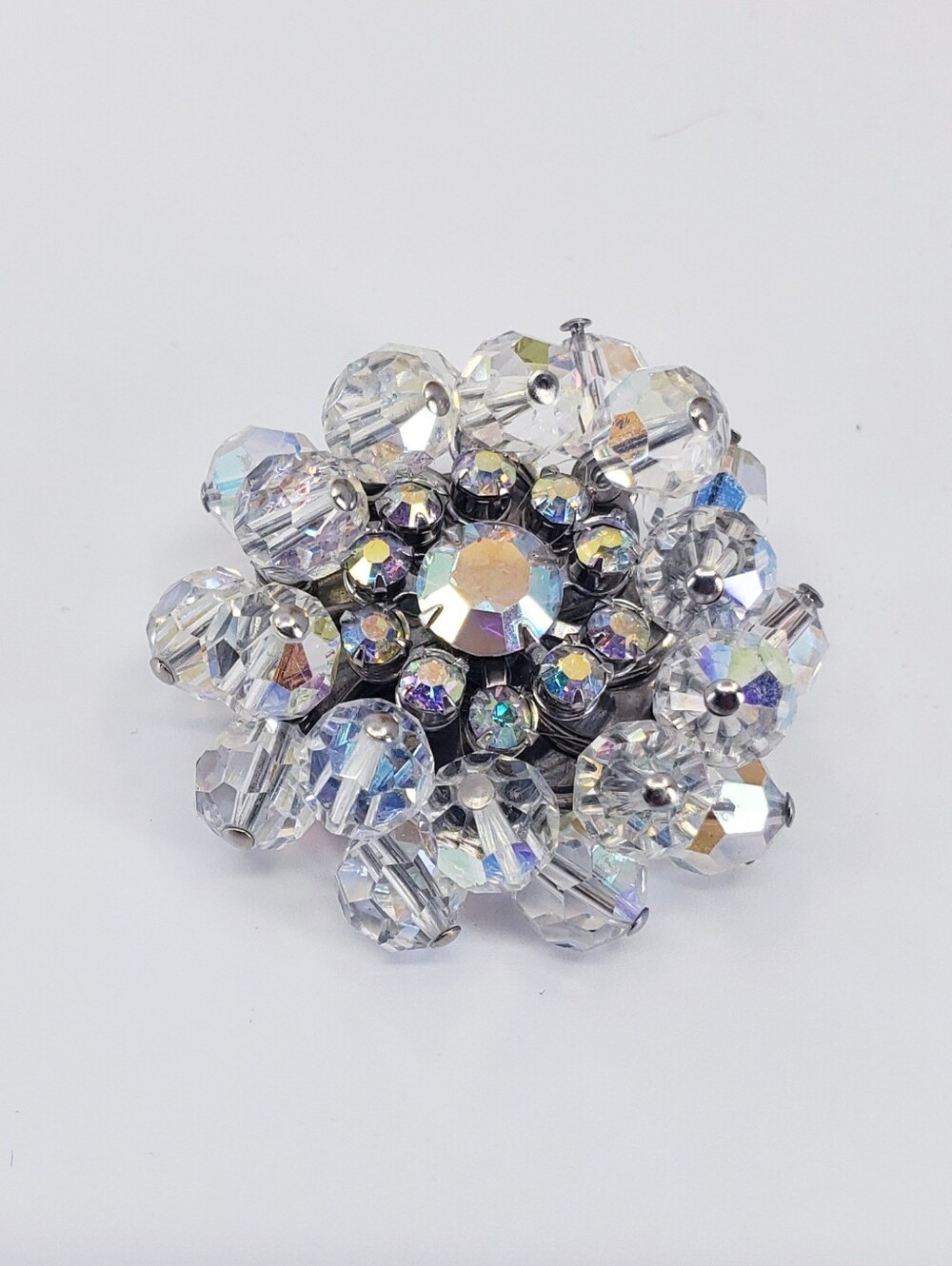 C4001 Vintage 50s 60s AB Crystal Flower Snowflake Brooch - Clear Iridescent